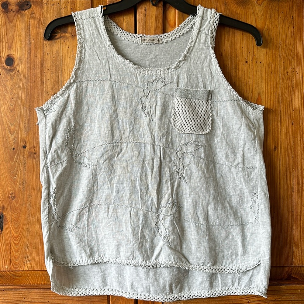 New Collection Linen & Cotton Tank Light Gray With Embroidery Design Large